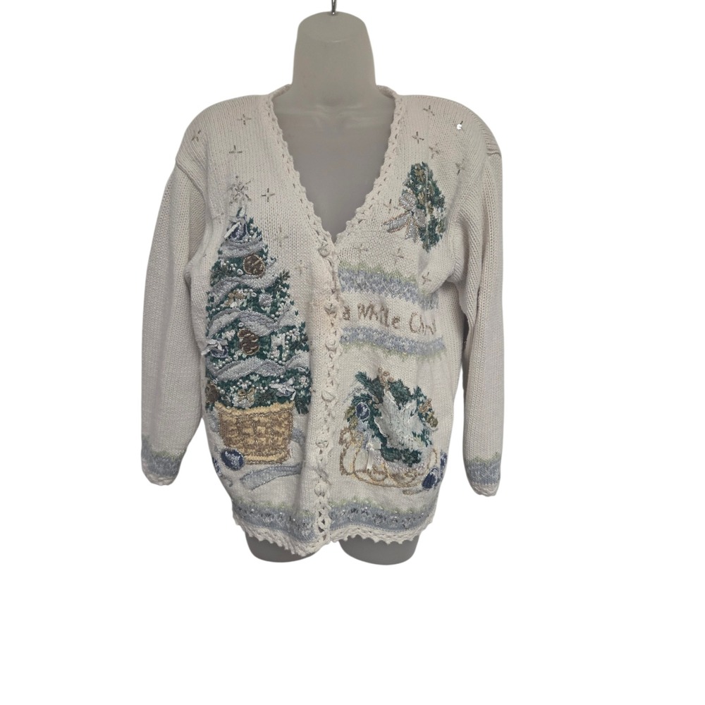 "Vintage Handknit Collectibles Christmas Cardigan M Embroidered‎ Tree  Sweater